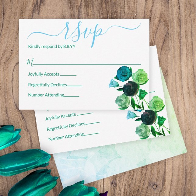 Blue, Green, Turquoise Roses RSVP Enclosure Advice Card (green blue spring flowers wedding theme rsvp response reply cards botanical turquoise teal roses )