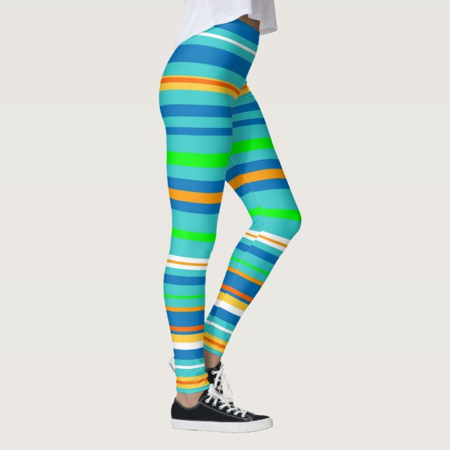 Blue Green Turquoise Stripe Pattern Leggings (Right)