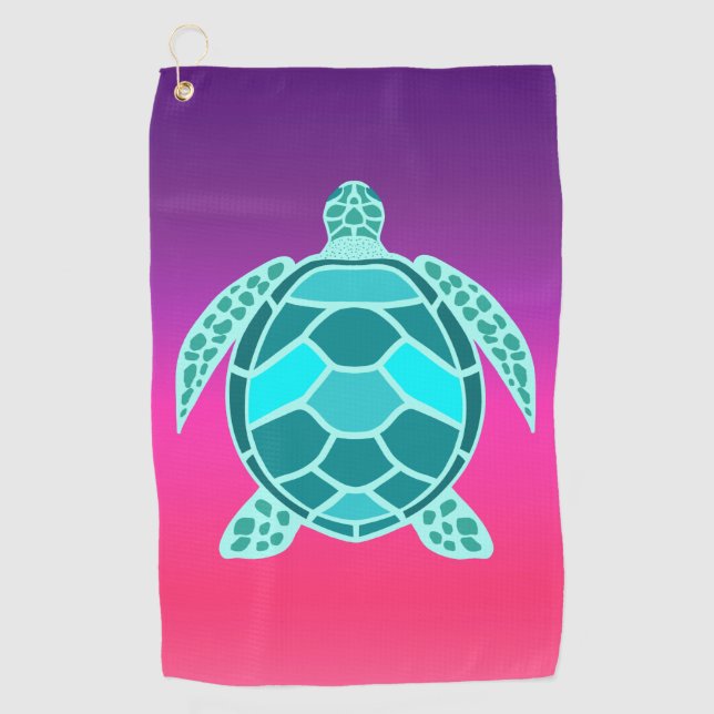 Blue green turquoise teal turtle golf towel (Front)
