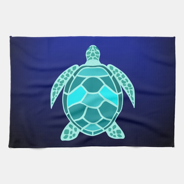 Blue green turquoise teal turtle kitchen towel (Horizontal)