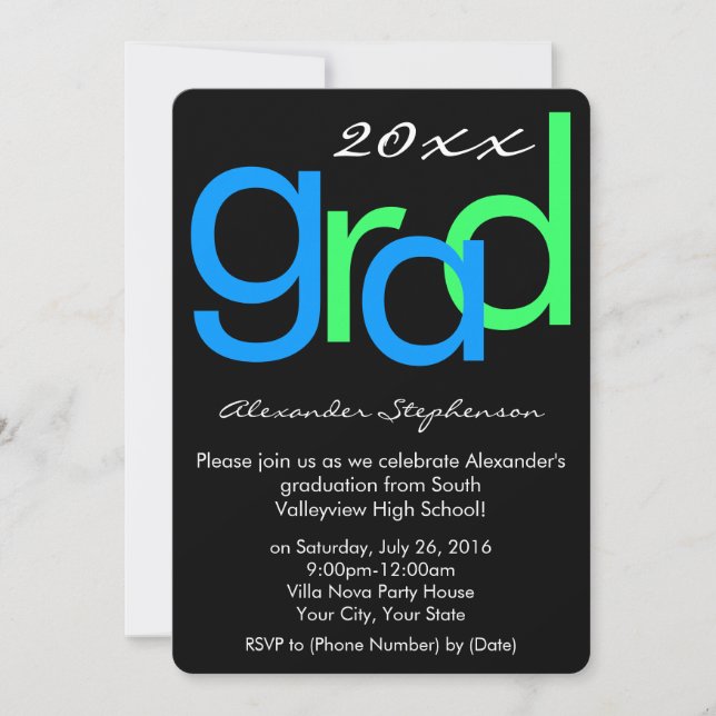 Blue/Green Typographic Graduation Party Invitation (Front)