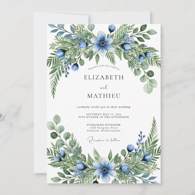 Blue Green Verdant Botanical Wedding Invitation (Front)