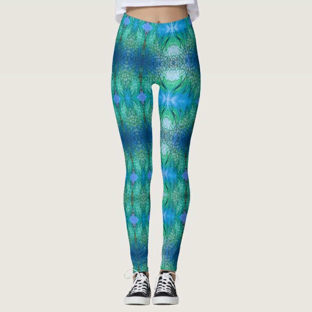 Blue Green Vibrant Colourful Snake Skin Leggings (Front)