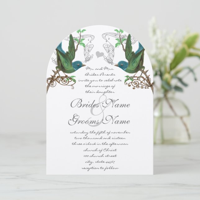 Blue & Green Vintage Birds Wedding Invite (Standing Front)