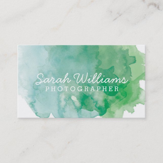 Blue + Green Watercolor Business Card (Front)