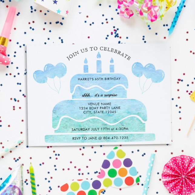 Blue Green Watercolor Cake Balloons 65th Birthday Invitation (Blue Green Watercolor Cake Balloons 65th Birthday Invitation)