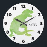 Blue Green Watercolor Dinosaur Personalised Kids Large Clock<br><div class="desc">Blue Green Watercolor Dinosaur Personalised Kids Clock. Edit to change background colour. Cute green dinosaur silhouette on white background. Large numbers to help tell time. www.SamAnnDesigns.com</div>