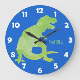 Blue Green Watercolor Dinosaur Personalised Kids Large Clock