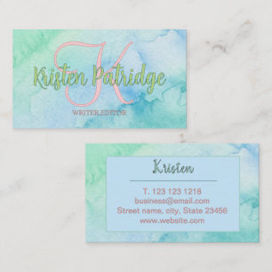 blue green watercolor editor writer name monogram business card