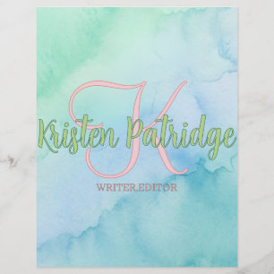 blue green watercolor editor writer name monogram custom letterhead