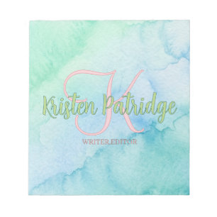 blue green watercolor editor writer name monogram  notepad