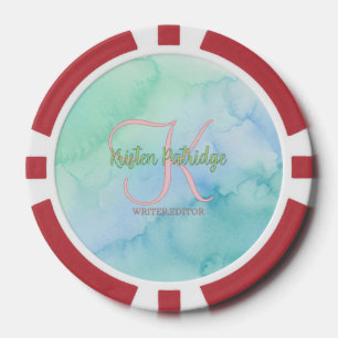 blue green watercolor editor writer name monogram poker chips