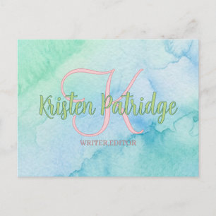 blue green watercolor editor writer name monogram  postcard
