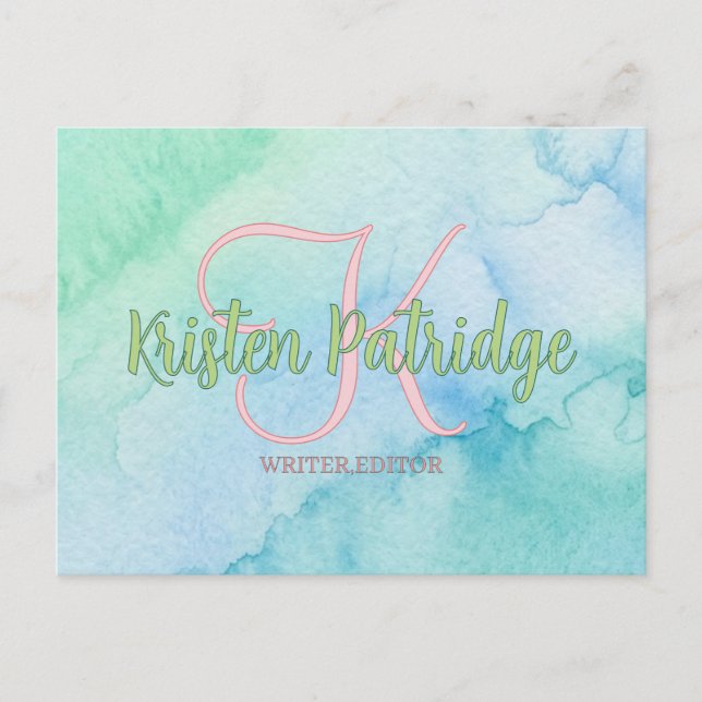 blue green watercolor editor writer name monogram  postcard (Front)