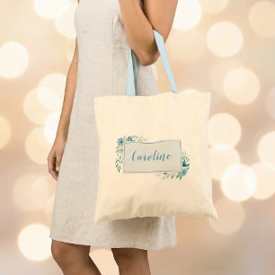 Blue green watercolor floral bridesmaid name frame tote bag