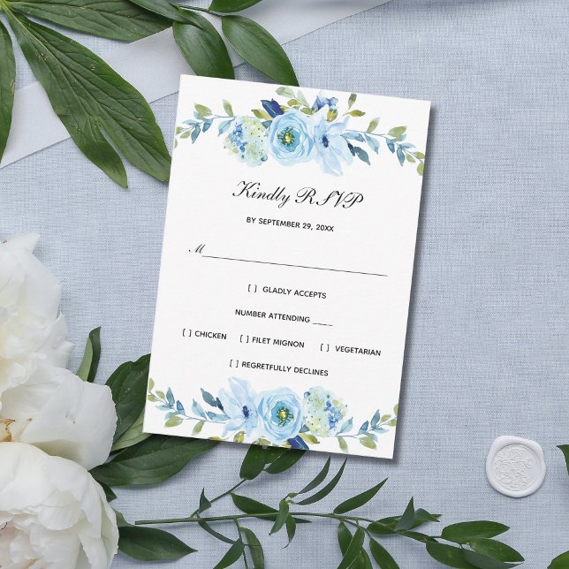 Blue Green Watercolor Floral Elegant Wedding  RSVP Card (Blue green Floral Watercolor Wedding RSVP card)
