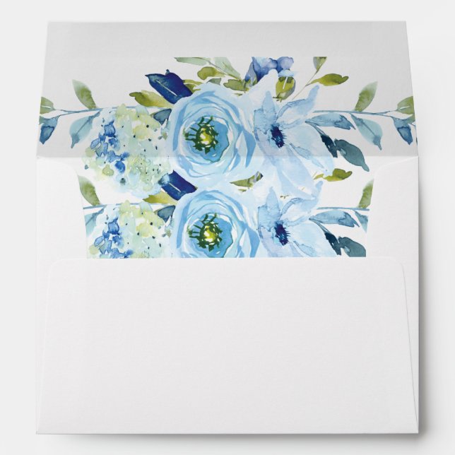 Blue Green Watercolor Floral Greenery Wedding Envelope (Back (Bottom))