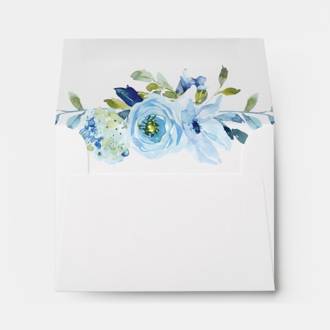 Blue Green Watercolor Floral Greenery Wedding RSVP Envelope (Back (Bottom))