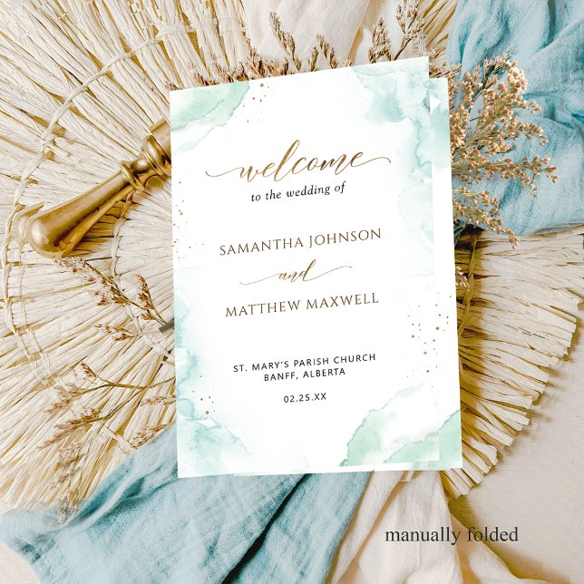 Blue Green Watercolor Folded Wedding Program (Creator Uploaded)