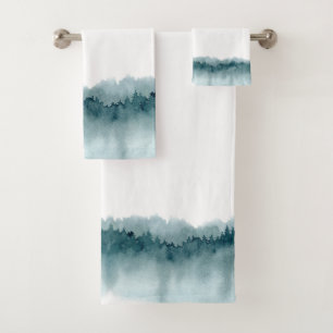 Blue Green Watercolor Forest Trees Bath Towel Set