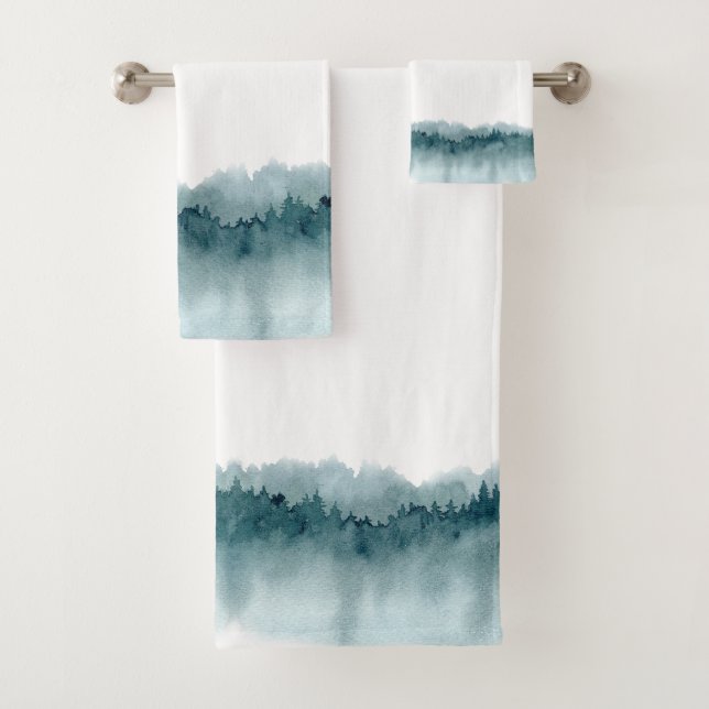 Blue Green Watercolor Forest Trees Bath Towel Set (Insitu)