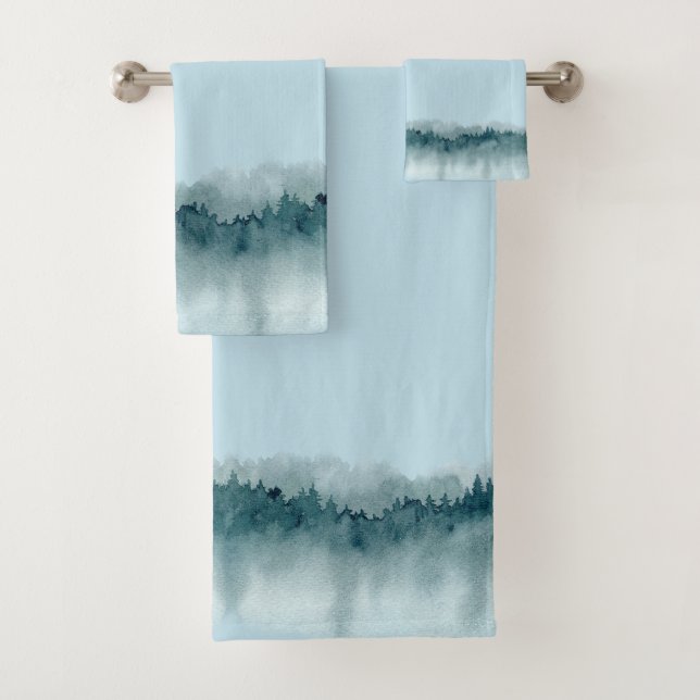 Blue Green Watercolor Forest Trees Bath Towel Set (Insitu)