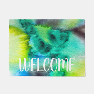 Blue Green watercolor marble abstract tie dye Doormat