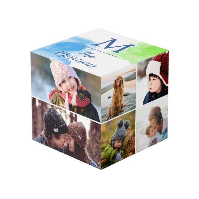 Blue Green Watercolor Monogram Photo Collage Cube (Front Angled)