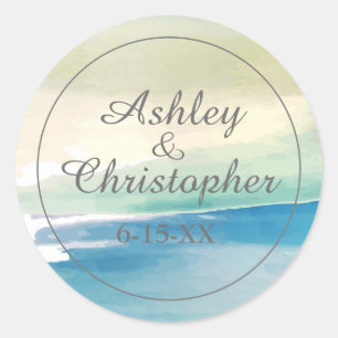 Blue Green Watercolor Ocean Bride Groom Couples Classic Round Sticker