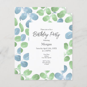  Blue Green Watercolor Round Leaf Pattern Invitation