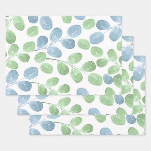 Blue Green Watercolor Round Leaf Pattern Wrapping Paper Sheet