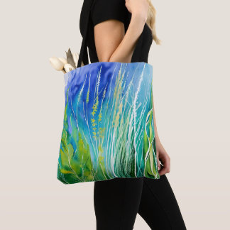 BLUE & GREEN WATERCOLOR SEABED WITH ALGAE TOTE BAG