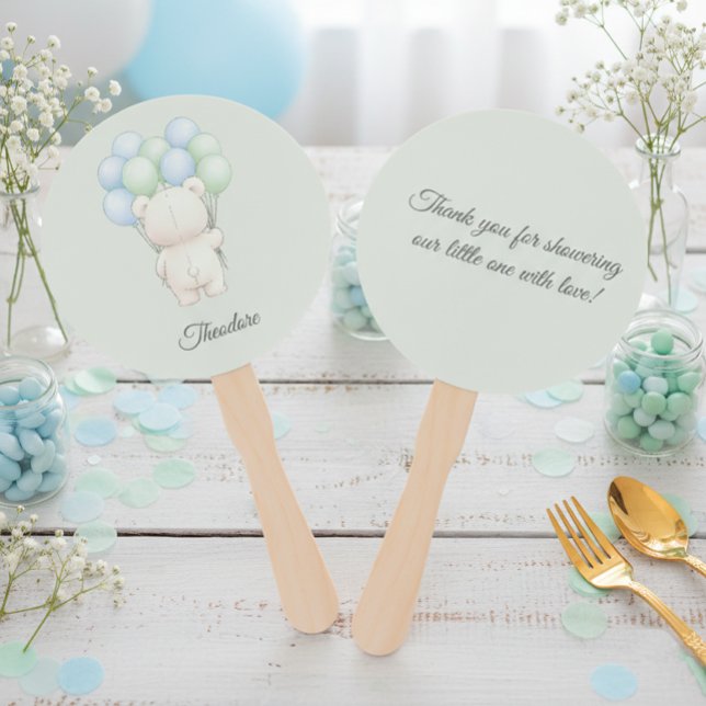 Blue & Green Watercolor Teddy Bear Baby Shower Hand Fan (Creator Uploaded)