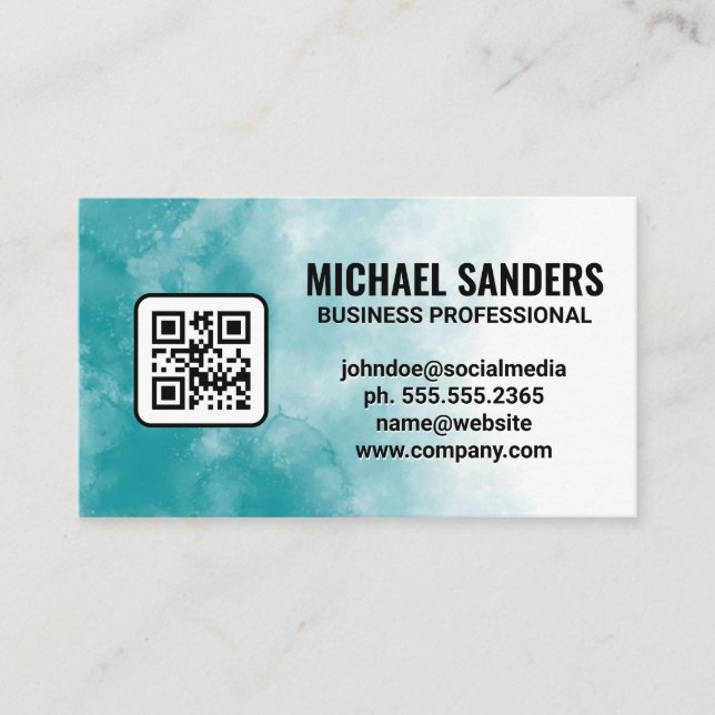 Blue Green Watercolor Texture | QR Code  Business Card (Front)
