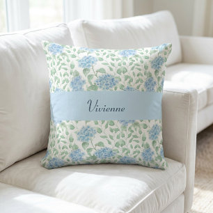 Blue Green Watercolor Wildflower Monogram Name Cushion