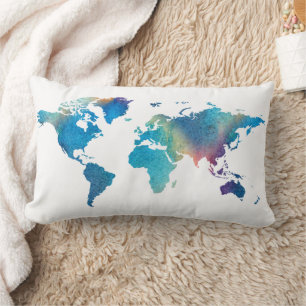 Blue Green Watercolor World Map Travel Lumbar Cushion