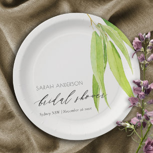 BLUE GREEN WATERCOLOUR FOLIAGE OLIVE BRIDAL SHOWER PAPER PLATE
