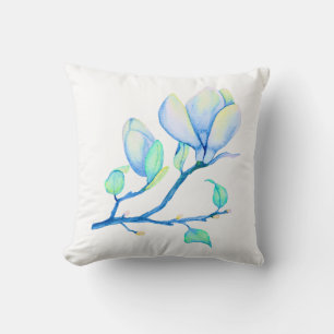 Blue Green Watercolour Magnolia Branch Botanical Cushion