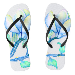 Blue Green Watercolour Magnolia Branch Botanical Jandals