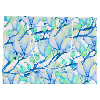Blue Green Watercolour Magnolia Branch Botanical Large Gift Bag
