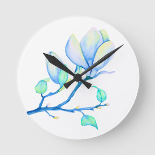 Blue Green Watercolour Magnolia Branch Botanical Round Clock