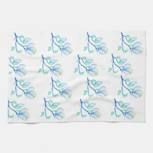 Blue Green Watercolour Magnolia Branch Botanical Tea Towel