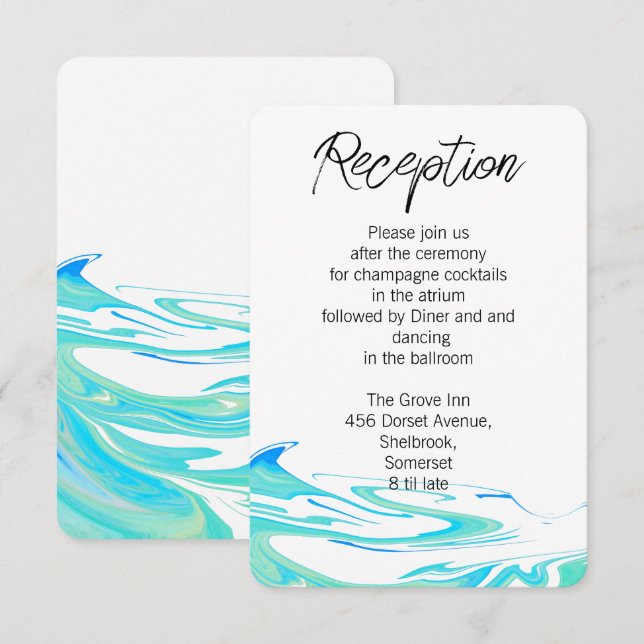 Blue Green Wave Ocean Wedding Reception Card (Front/Back)