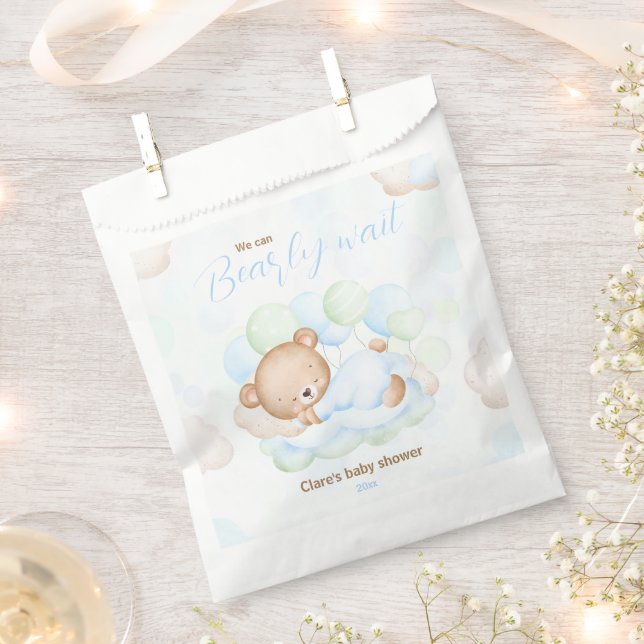 Blue Green We Can Bearly Wait Bear Boy Baby Shower Favour Bags (Clipped)