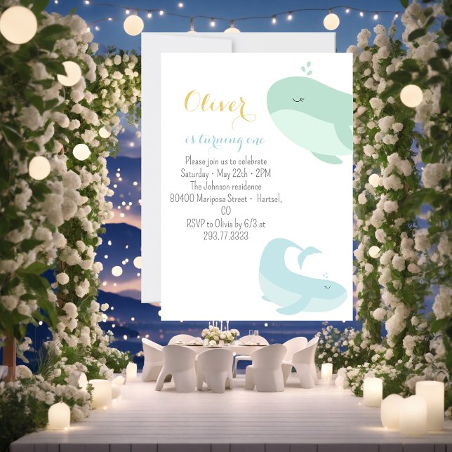 Blue Green Whale 1st Birthday Party Invitation (Creator Uploaded)