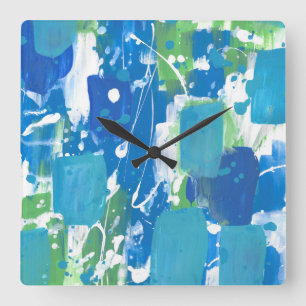 Blue Green White Abstract Square Wall Clock