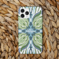 Blue Green White Abstract Vintage Tile Pattern