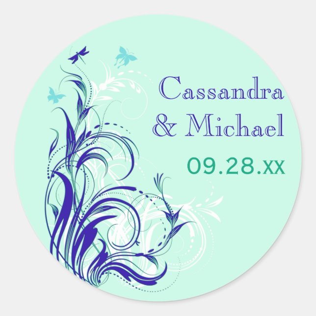 Blue Green White Aqua Floral 1.5" Wedding Sticker (Front)