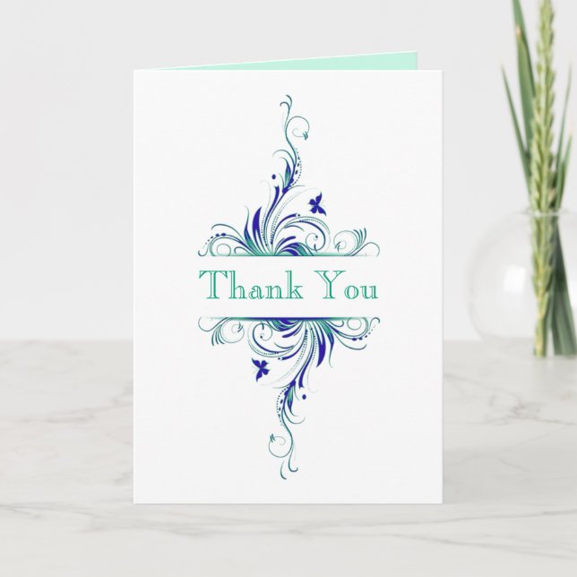 Blue Green White Aqua Floral PHOTO Thank You Card (Front)