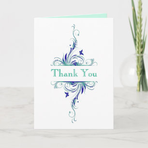 Blue Green White Aqua Floral PHOTO Thank You Card